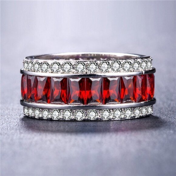 💞CZ Anillos Red Rectangle Perfect CutCZ Baguette Crystal Eternity RingUN… - Picture 3 of 4